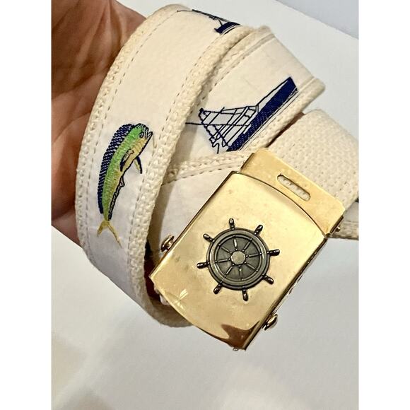 VTG Nautical Belts Canvas Webbed, USA Brass Military Buckle Ship & Wheel Boating - Picture 8 of 9